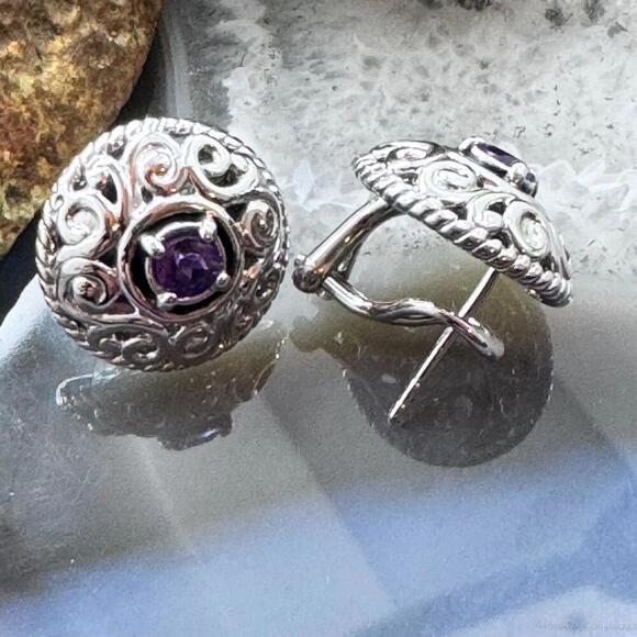 Carolyn Pollack Sterling Round Amethyst Omega Back Stud Earrings For Women - Picture 7 of 10